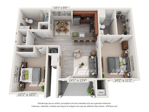 Floor plan for 2 beds, 2 baths, 1065 sqft